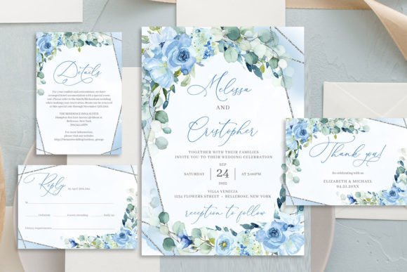 Download Dusty Blue Floral Wedding Invitation Set - Wedding invitation Collection